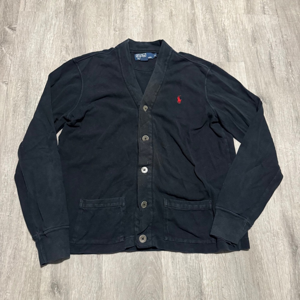 Vintage Polo Ralph Lauren Mens Navy Blue Cotton Button Cardigan Sweater Size Med